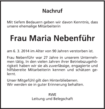 Traueranzeige von Maria Nebenführ von Schwäbische Post