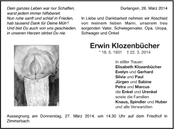 Traueranzeige von Erwin Klozenbücher von Gmünder Tagespost
