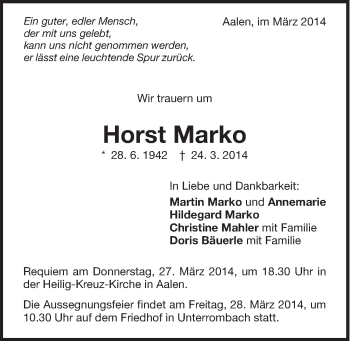 Traueranzeige von Horst Marko von Schwäbische Post
