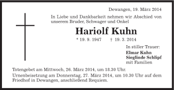 Traueranzeige von Hariolf Kuhn von Schwäbische Post