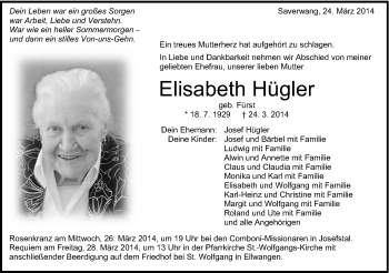 Traueranzeige von Elisabeth Hügler von Schwäbische Post