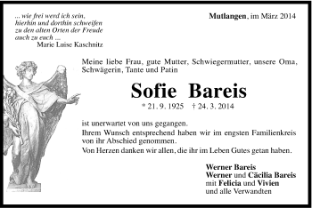 Traueranzeige von Sofie Bareis von Gmünder Tagespost