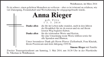 Traueranzeige von Anna Rieger von Schwäbische Post
