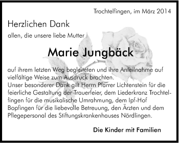 Traueranzeige von Marie Jungbäck von Schwäbische Post