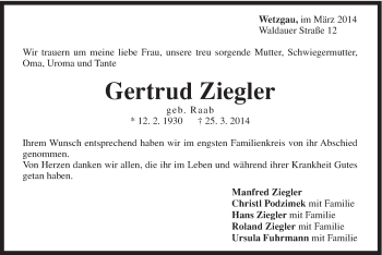 Traueranzeige von Gertrud Ziegler von Gmünder Tagespost