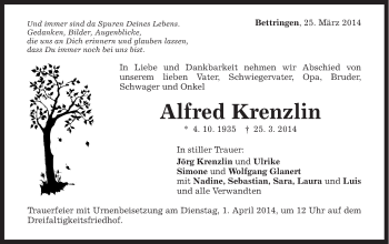Traueranzeige von Alfred Krenzlin von Gmünder Tagespost