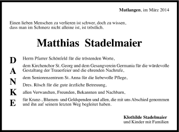 Traueranzeige von Matthias Stadelmaier von Gmünder Tagespost
