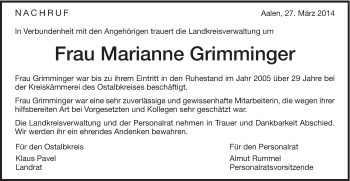 Traueranzeige von Marianne Grimminger von Schwäbische Post
