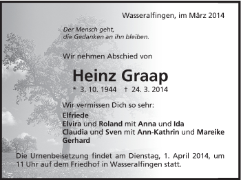 Traueranzeige von Heinz Graap von Schwäbische Post