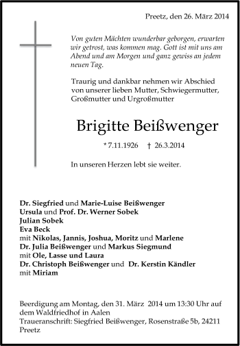 Traueranzeige von Brigitte Beißwenger von Schwäbische Post