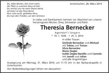 Traueranzeige von Theresia Bernecker von Schwäbische Post