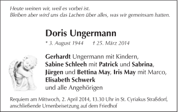 Traueranzeige von Doris Ungermann von Gmünder Tagespost