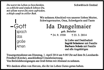 Traueranzeige von Ida Dangelmaier von Gmünder Tagespost