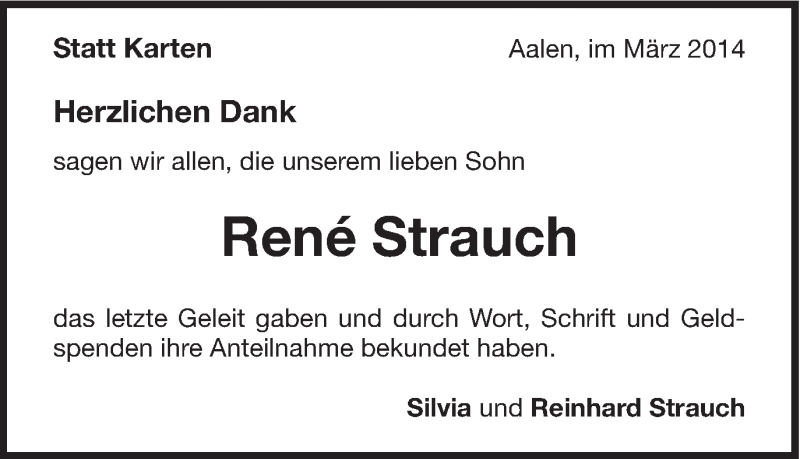  Traueranzeige für René Strauch vom 29.03.2014 aus Schwäbische Post