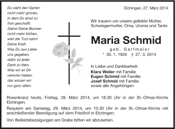 Traueranzeige von Maria Schmid von Schwäbische Post