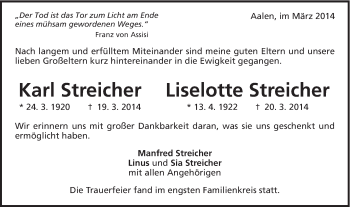Traueranzeige von Karl und Liselotte Streicher von Schwäbische Post