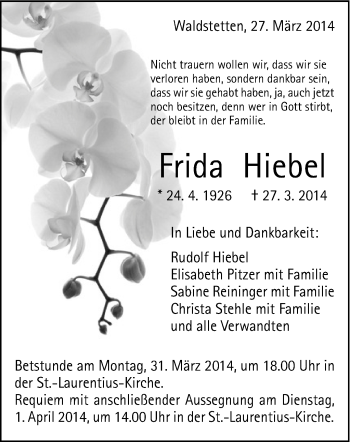 Traueranzeige von Frida Hiebel von Gmünder Tagespost