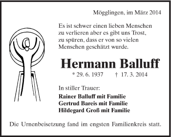 Traueranzeige von Hermann Balluff von Schwäbische Post