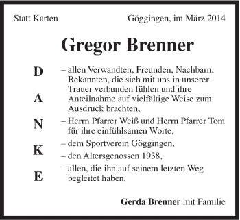 Traueranzeige von Gregor Brenner von Gmünder Tagespost