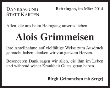 Traueranzeige von Alois Grimmeisen von Gmünder Tagespost