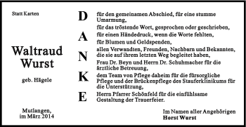 Traueranzeige von Waltraud Wurst von Gmünder Tagespost