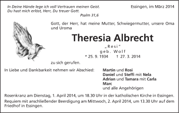 Traueranzeige von Theresia Albrecht von Schwäbische Post