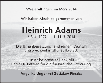 Traueranzeige von Heinrich Adams von Schwäbische Post