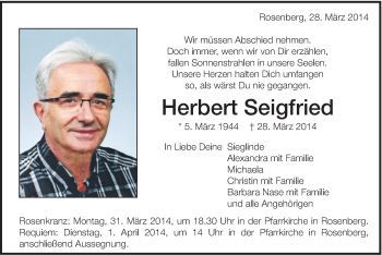 Traueranzeige von Herbert Seigfried von Schwäbische Post