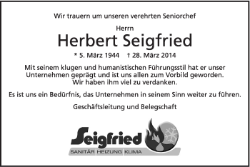 Traueranzeige von Herbert Segfried von Schwäbische Post