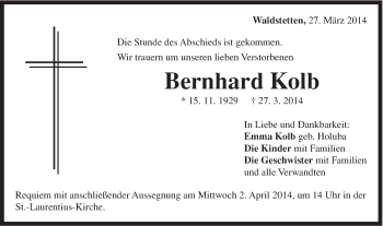Traueranzeige von Bernhard Kolb von Gmünder Tagespost