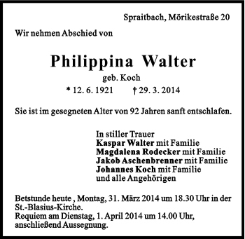 Traueranzeige von Philippina Walter von Gmünder Tagespost