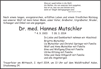 Traueranzeige von Hannes Mutschier von Schwäbische Post