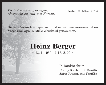 Traueranzeige von Heinz Berger von Schwäbische Post