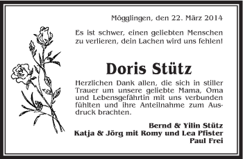 Traueranzeige von Doris Stütz von Gmünder Tagespost