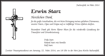 Traueranzeige von Erwin Starz von Schwäbische Post
