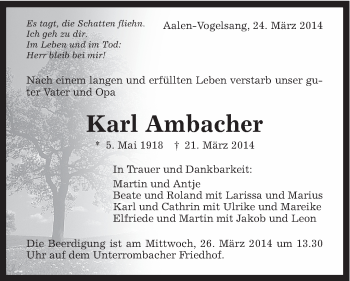 Traueranzeige von Karl Ambacher von Schwäbische Post