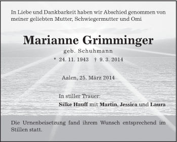 Traueranzeige von Marianne Grimminger von Schwäbische Post