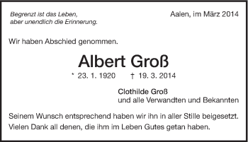 Traueranzeige von Albert Groß von Schwäbische Post