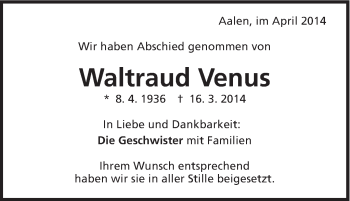 Traueranzeige von Waltraud Venus von Schwäbische Post