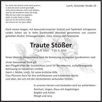 Traueranzeige von Traute Stößer von Gmünder Tagespost