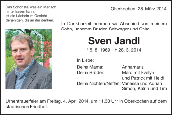 Traueranzeige von Sven Jandl von Schwäbische Post