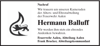 Traueranzeige von Hermann Balluff von Schwäbische Post