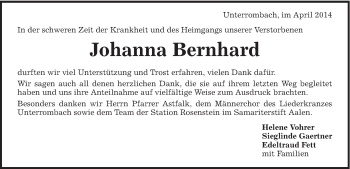 Traueranzeige von Johanna Bernhard von Schwäbische Post