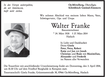 Traueranzeige von Walter Franke von Gmünder Tagespost