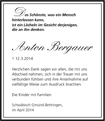 Traueranzeige von Anton Bergauer von Gmünder Tagespost