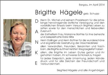 Traueranzeige von Brigitte Hägele von Gmünder Tagespost