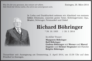 Traueranzeige von Richard Böhringer von Schwäbische Post