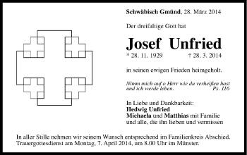 Traueranzeige von Josef Unfried von Gmünder Tagespost