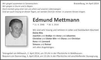 Traueranzeige von Edmund Mettmann von Schwäbische Post