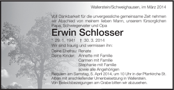 Traueranzeige von Erwin Schlosser von Schwäbische Post